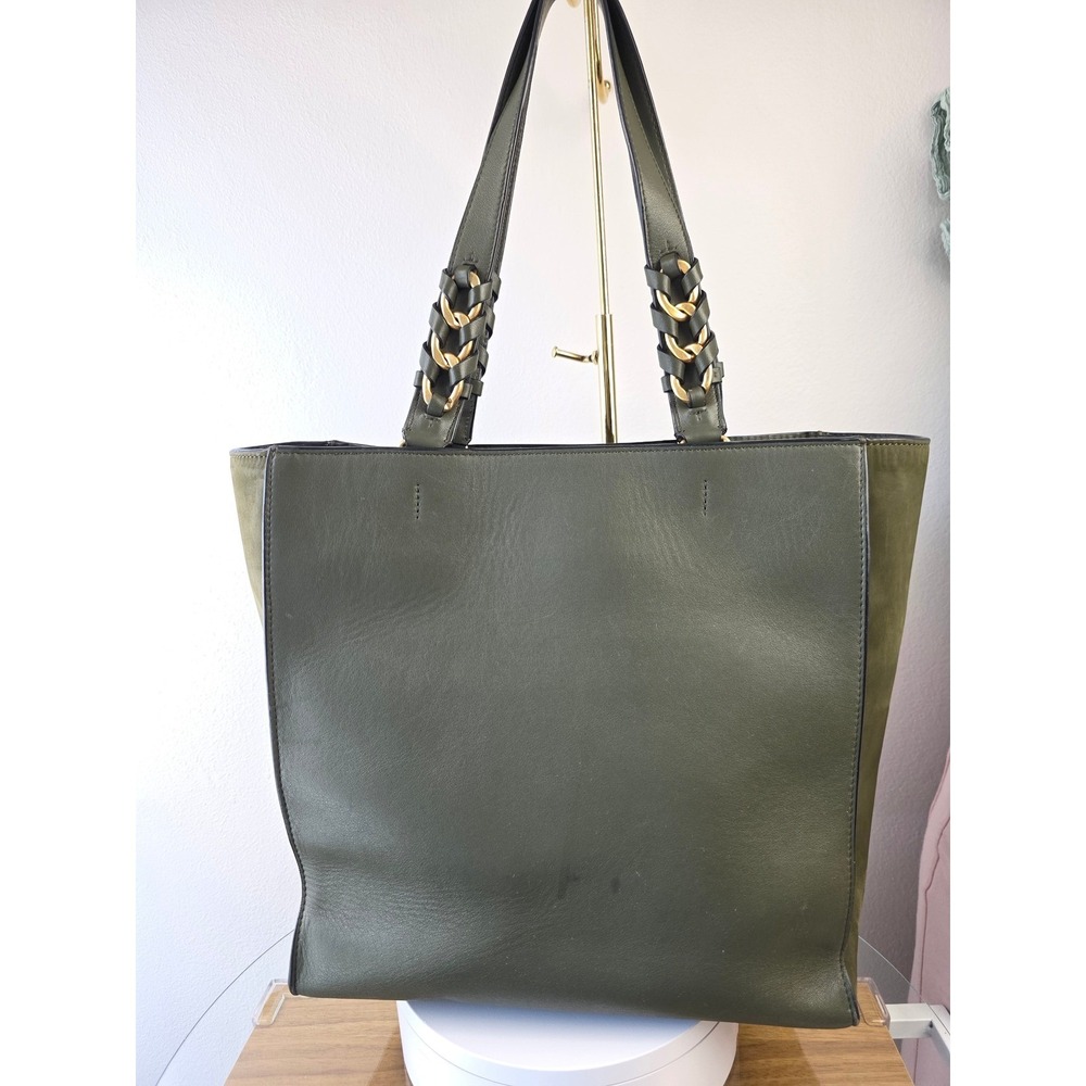 Tory Burch McGraw Mixed-Materials Tote Olive Green Leather Suede Gold Chain Bag - Picture 2 of 16
